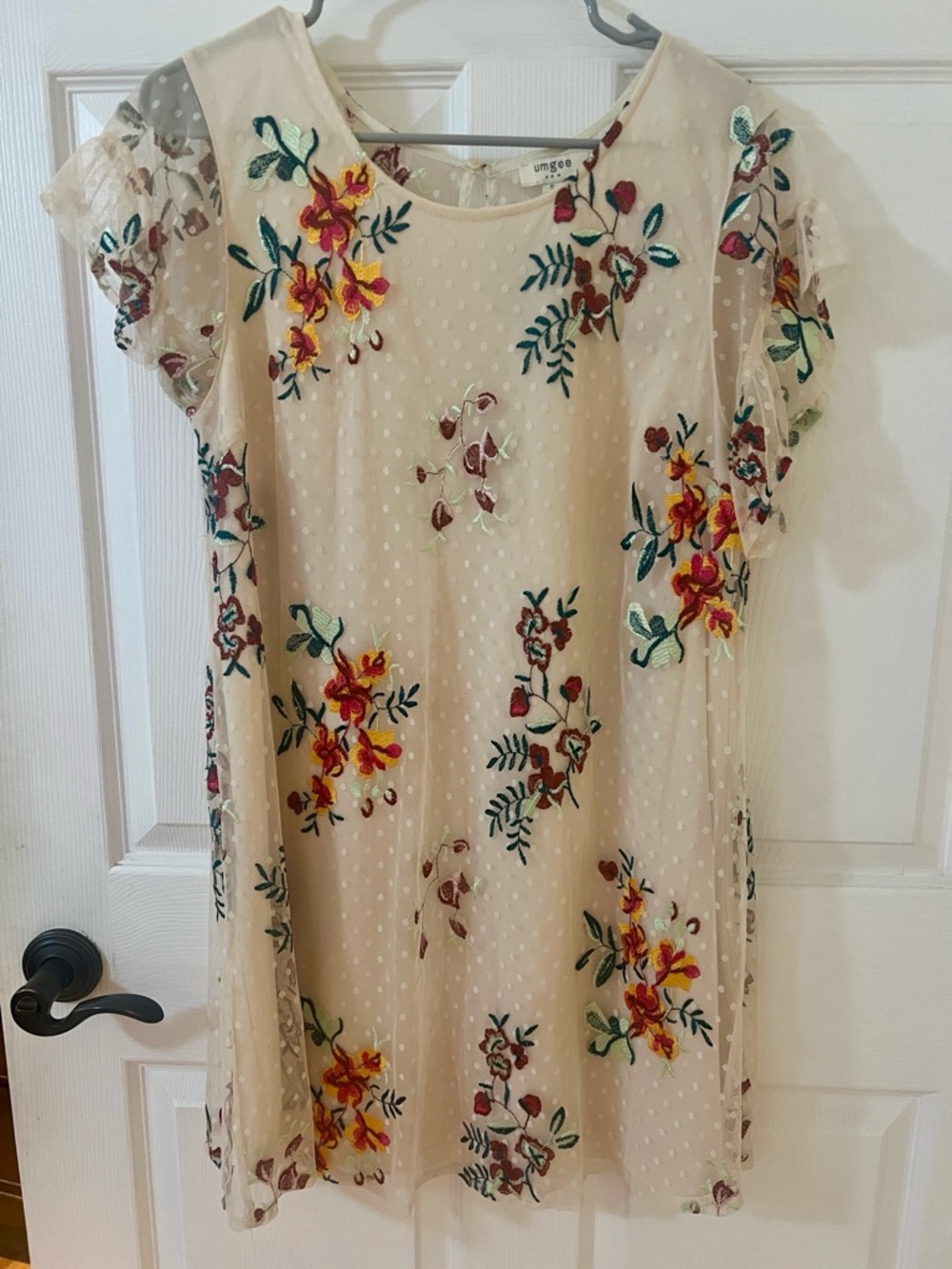 Umgee Beige Mesh Dress with Multicolor Floral Embroidery
